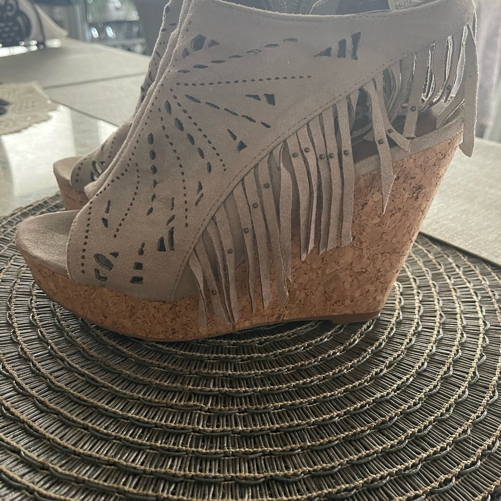 Source Unknown Taupe Fringe Suede Cork Wedge Sandals